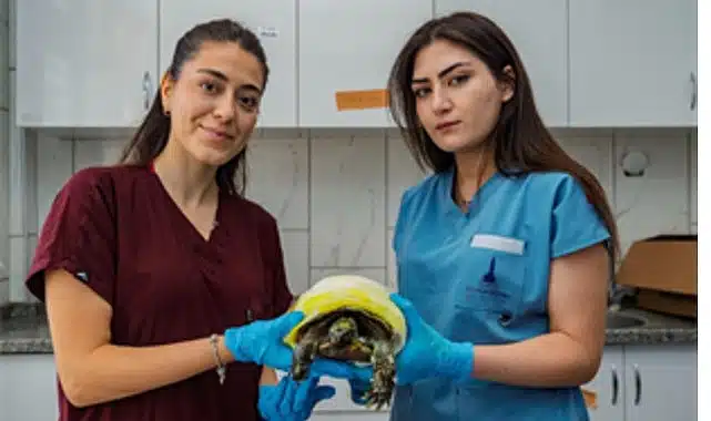 İzmir’de yangından kurtarılan kaplumbağanın tedavisi sürüyor