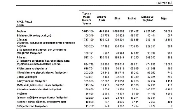Yıllık Sanayi ve Hizmet İstatistikleri Yatırım Harcamaları, 2024